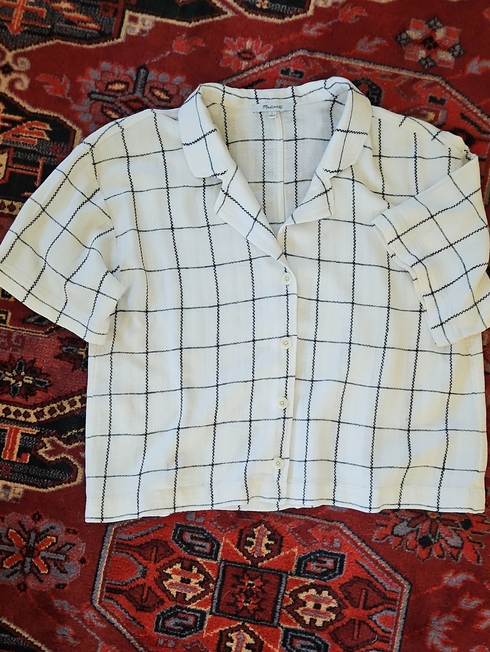 MADEWELL White Button-Front Windowpane Short Sleeve Shirt
